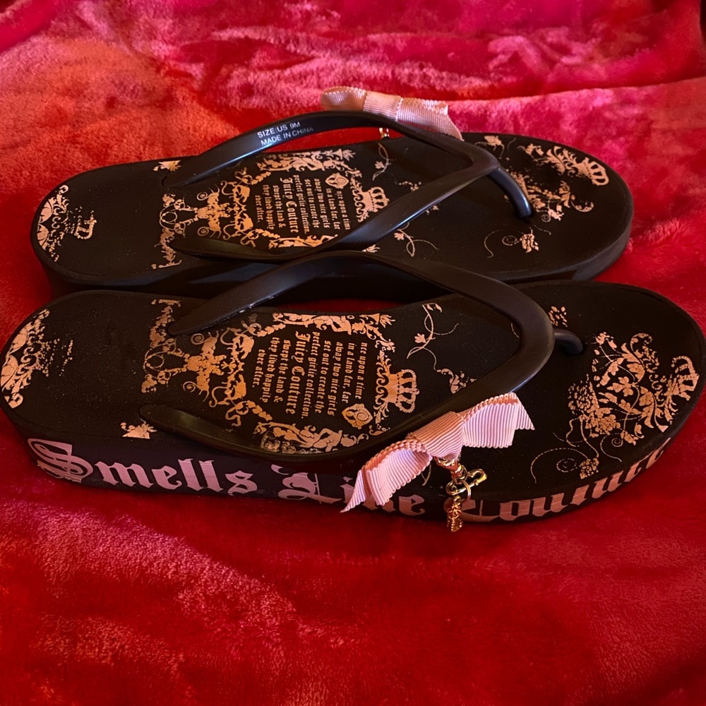 Juicy Couture Black Flip Flops with Pink Bow and Gold Charm